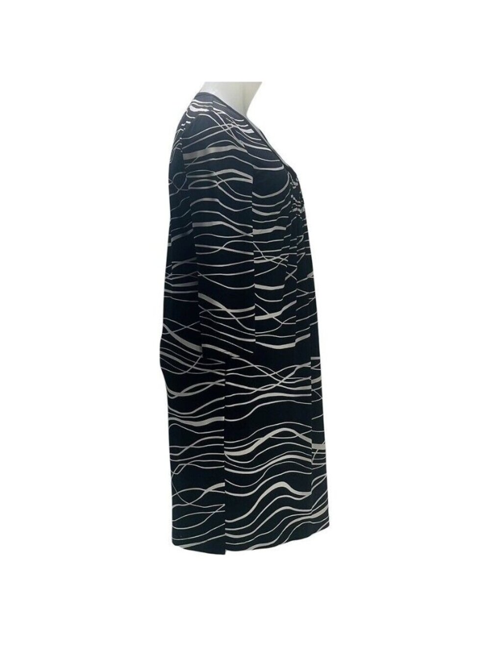 Black & White Wave Print Long Sleeve Dress Scoop Neckline Knee Length Size M - Picture 3 of 10